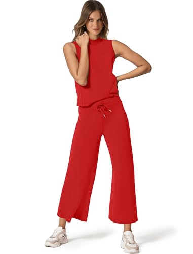 Image of SAMPEEL Two Piece Sets for Women Summer Outfits Lounge Sets Mock Neck Tops Wide Leg Crop Pants Vacation Travel Outfits