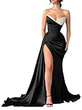dideyttawl Pleated Satin Beaded Prom Dresses Women Mermaid V-Neck Evening Formal Party Dress High Slit Maxi Ball Gown with Sweep Train Black Size 12