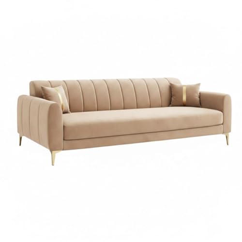 Image of Hermione Luxe Velvet-Suede Fabric 3 Seater + 2 Seater Sofa Set | Golden Legs | Comfortable & Spacious Seating | Modern Sofa Set for Living Room - Beige