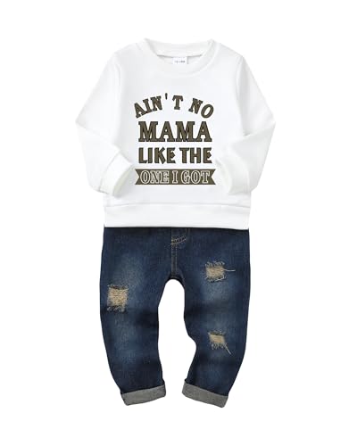 NZRVAWS 4-5T Toddler Boy Clothes Long Sleeve White Pullover Sweater Denim Ripped Jeans Little Boy Outfit Fall Winter Clothing Set