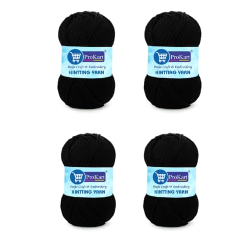 Image of ProKart Premium Woolen 4 ply Hand Knitting Wool Yarn | Fine Weight Knitted and Crocheted Soft Yarn for Sweater, Scarf, Hat, Baby Clothes (1 Ball /100 Gram Each) (Black, 100gms x 4 Pack)