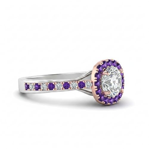 Image of Choose Your Gemstone Cathedral Halo Two Tone Engagement Ring 925 Sterling Silver Round Shape Halo Engagement Rings Lightweight Office Wear Everyday Gift Jewelry US Size 4 to 12