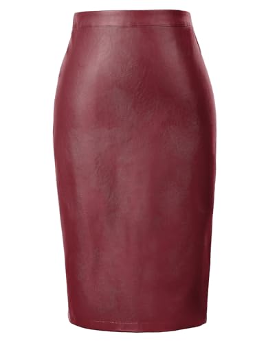 Belle Poque Leather Skirt for Women,Faux Leather Pencil Midi Skirts,Casual High Waist Bodycon Skirt with Back Slit, Wine Red M