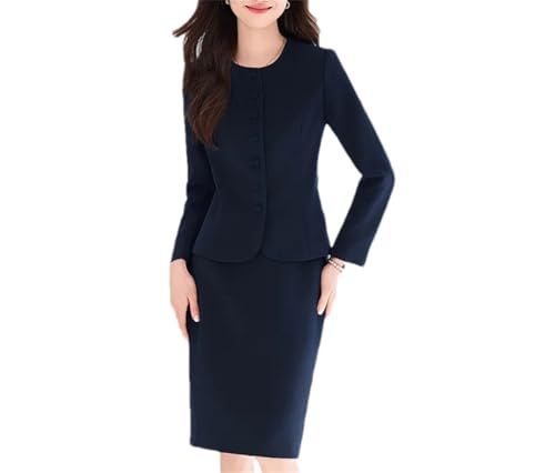 Pohullan Women Fall Work Suit Office Business Solid Single Breasted Jacket Skirt Two-Piece Suits