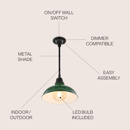 Image of JONATHAN Y Jasper 1-Light Farmhouse 12.25 inch Metal Pendant, Green /Black | Indoor Outdoor Use, Rustic Vintage Dome Shade, Adjustable Height, Kitchen Island Porch Entryway, LED Bulb Included