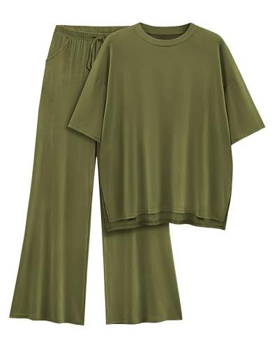 AmazingStar Womens Lounge Set 2026 Summer 2 Piece Outfits Oversized Short Sleeve Tops & Wide Leg Pant Matching Sets Clothing(Army Green, L)