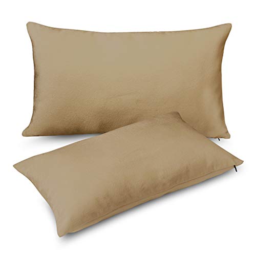 Image of Encasa XO Velvet Throw Pillow Covers 12x20 in (30x50 cm) - Beige - No Inserts, Pack of 2 Cases | Solid Plain Dyed Soft & Smooth, Square Decorative Cushion Covers for Living & Bedroom