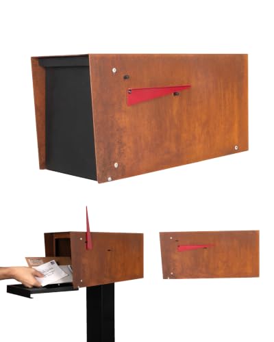 Image of Ilyapa Modern Mailbox for Post Mount - Corten Steel Rusted Finish with Black Door Powder Coated Steel, with Recessed Magnetic Close Door