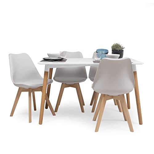 Homely - Conjunto de Comedor Tower Day 120 con Mesa lacada Blanca de 120x80 cm y 4 sillas Day (Gris Claro)