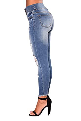Image of Women's High Waisted Ripped Skinny Jeans Distressed Stretch Butt Lifting Denim Pants Blue Size 8