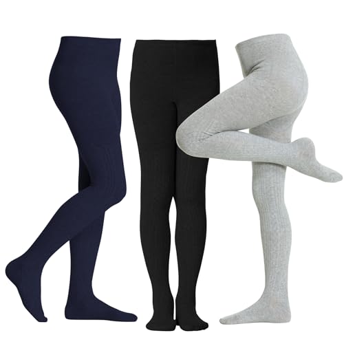 Image of Zando 3Pack Girls Tights Kids Cable Knit Cotton Winter Warm Leggings 4-12T | Footed Seamless Stockings for Girls, School Uniform and Daily Skirt Wear. Thick Warm Fabric with High Stretch