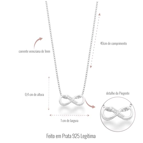 Colar Infinito em Prata 925, Corrente Veneziana com Zircônias, Prata