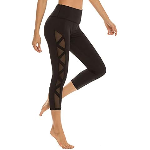 romansong Women's Mesh Leggings Yoga Pants with Pocket, Non See-Through Capri High Waisted Tummy Control 4 Way Stretch, Black-capris, S Cover