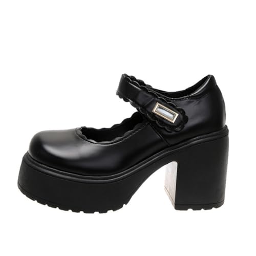 Image of Women's Platform Mary Janes Heart Cat Buckle Rivets Ankle Lolita Gothic Princess Platform Pumps Patent Leather Thorn Vintage Traditional Embroidery Upper Dress Shoes