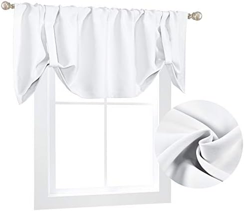 DECOVSUN White Tie Up Top Valance for Windows 18 Inch Length Adjustable Valance Window Treatments Rod Pocket Tie-up Short Straight Curtain Valance for Kitchen Bedroom Nursery 52”X18”
