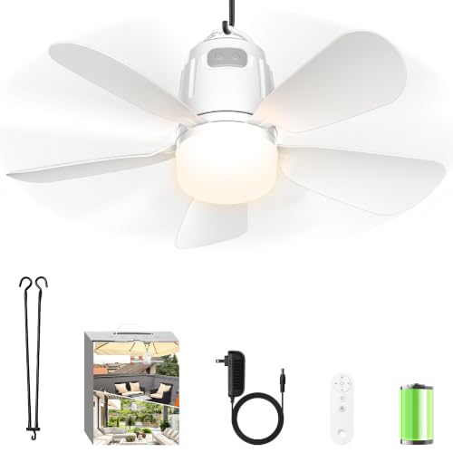 Gliztech Canopy Fan 20.5 Portable Outdoor Ceiling Fan with Light with Remote Control and Extension Hook Easy Operation Battery Powered Fan Light for Gazebo Tent Patio Camping (20.5 inch)