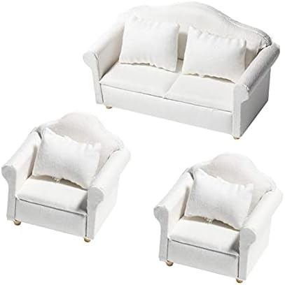 7Pcs Dollhouse Sofa Set,1/12 Dollhouse Decor 3Pcs White Fabric Sofa, 4Pcs Pillow Miniature Furniture Toy for Kids Gift