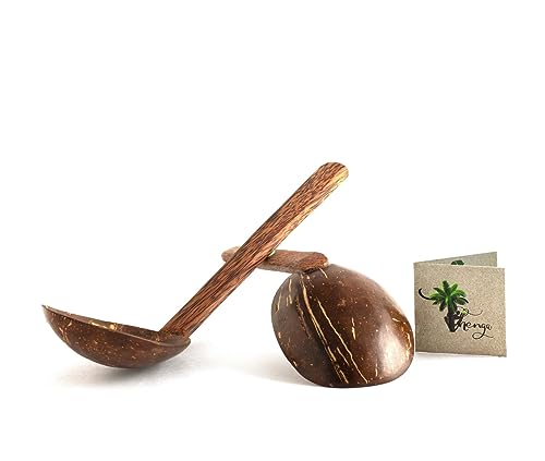 Image of Thenga Handmade Wooden Coconut Shell Serving Spoon Set - 33 cm | Eco-Friendly Kitchen Tools for Cooking & Serving | Safe for Non-Stick Pans & Clay Pots - Rustic Natural Utensils (Set of 2)