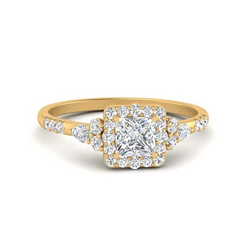 Image of Choose Your Color 14k Yellow Gold Plated Princess Shape Petite Engagement Rings Halo Edwardian Engagement Ring Everyday Wedding Jewelry Handmade Gifts for Wife : US Size 4 to 12