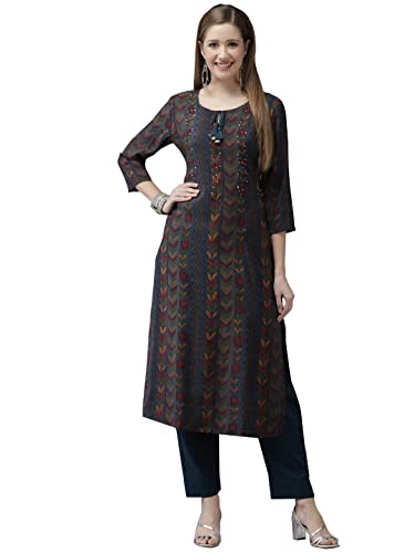 Image of ishin Women's Rayon Burgundy Embellished A-Line Kurta set With Skirt