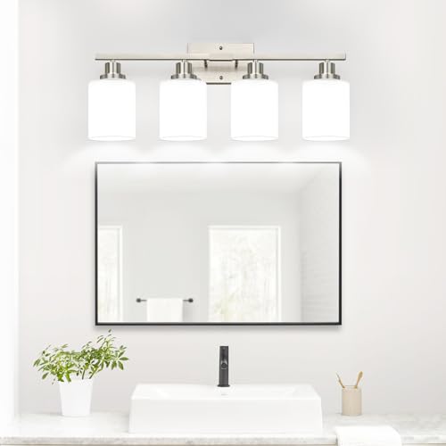 Image of MOKATNG 4-Light Vanity Light with Milky White Shades, Brushed Nickel Bathroom Lighting Fixtures Over Mirror, Modern Bathroom Wall Lamp for Mirror Living Room Cabinet Bedroom