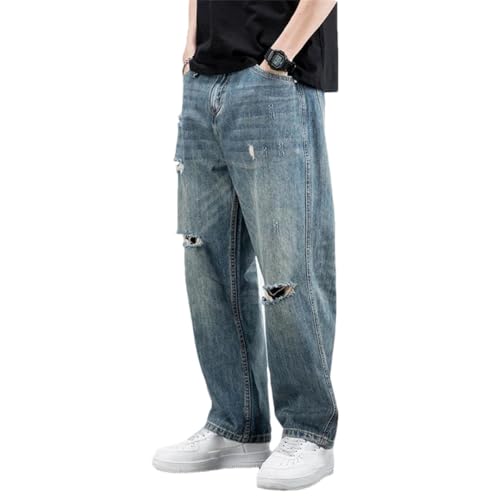 Men's Broken Straight Trousers Ripped with Holes Loose Torn Wide Leg Male Cowboy Pants Baggy Korean Jeans