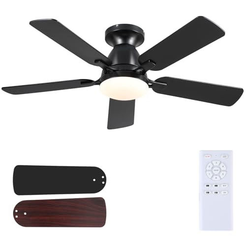 Mpayel Ceiling Fans with Lights and Remote, 46 Inch Flush Mount Low Profile Ceiling Fan with Light, Black Ceiling Fan for Bedroom Living Room, Quiet DC Motor, Reversible, Dimmable LED, Black