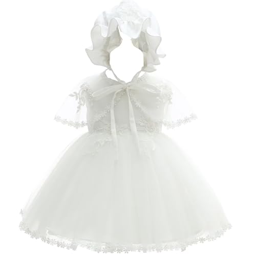 Leideur Bebé Niñas Blanco Bautizo Vestido Con Capota Recién Nacido Bautizo Vestido de Encaje para Boda Cumpleaños (Blanco 4, 6 Meses)