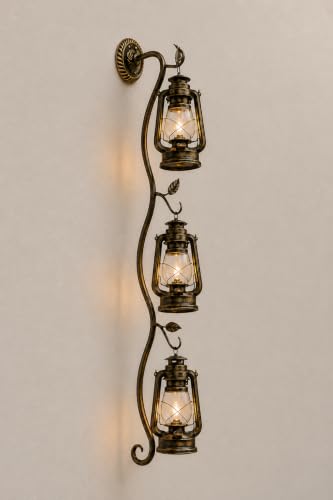 Image of Long Vintage Triple Lantern Wall Light | Antique Brass Decorative Wall Sconce | Rustic Hanging Lantern Wall Lamp | Cafe, Hotel, Farmhouse & Vintage Home Decor with Filament Bulb