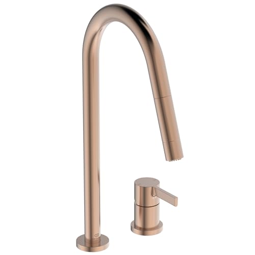 Ideal Standard – Gusto 2-Loch Küchenarmatur, Hoher Auslauf mit zylindrischem Querschnitt, mit 2-Funktionshandbrause, Schwenkbereich 360°, Schaftverschraubung von unten, Sunset Rose