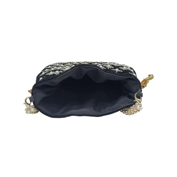 Amerie Fashions Women's Black Pearl Beaded Floral Potli Bag Purse for Party Wedding - Image 7