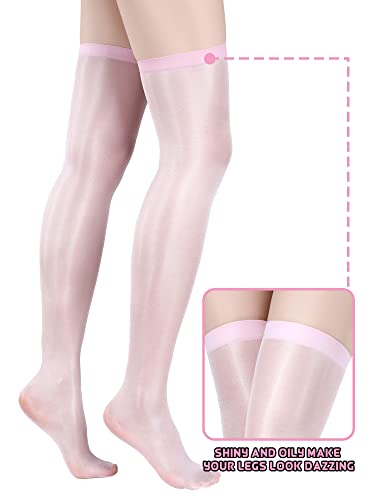 Geyoga 4 Pairs Shiny Thigh High Stockings Shimmery Silk Sheer over the Knee Stockings for Women Halloween Cosplay3