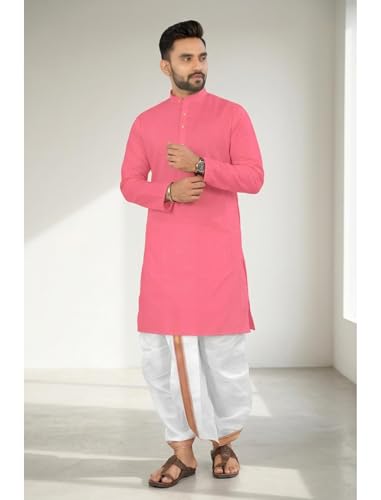 Image of UNIQUE MOMENTS Men's Cotton Dhoti Kurta Set with Full Sleeves Solid Pattern Modern Style and Mandarin Collar Neck | Perfect for Puja & Celebrations