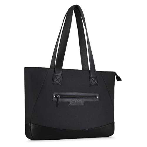 MOSISO Laptop Tote Bag (17-17.3 inch), Lightweight PU & Polyester Women Work Travel Shopping Carrying Shoulder Handbag with Compartment, Black