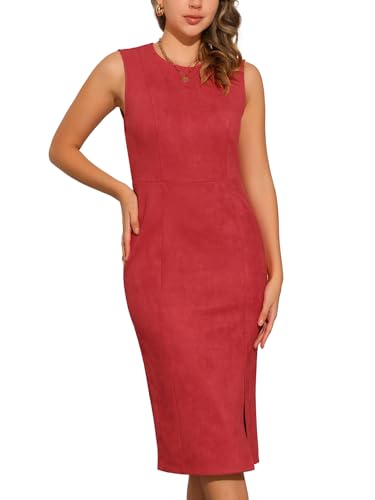 Image of Allegra K Faux Suede Dresses for Women's Sleeveless Crewneck Split Hem Work Office Sheath Dress