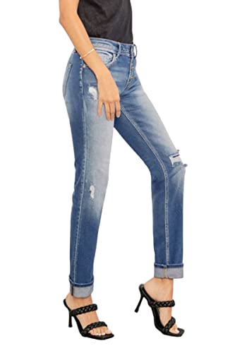 Kancan Women's Mid Rise Patched Folded Hem Slim Straight - KC85992