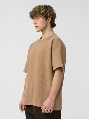 Image of The Souled Store Textured T-Shirt: Men and Boys Short Sleeves Round Neck Solid Cotton Blend Oversized T-Shirts