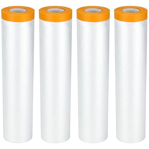 YOUNTHYE 4Roll Self Adhesive Dust Sheet Roll, 2.4x20M, Drop Film Masking Tape with Plastic Sheet, Plastic Decorating Sheets for Painting, Furniture Covering Cover
