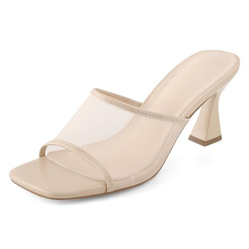 Image of Women's Mule Heels Chunky Kitten Heeled Sandals Mesh Slip On Square Toe Comfortable Casual Dress Pumps Shoes