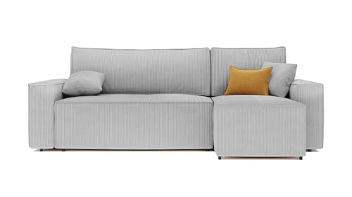 GREKPOL Canapé d'angle Convertible 244x145 Velours Côtelé à Gauche ou à Droite - Canapé avec Espace de Rangement - Sofa Gris Clair