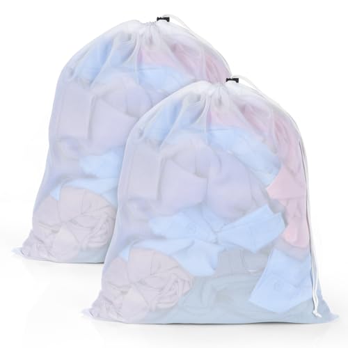 OTraki Saco para la Colada con Cordón Bolsa Ropa Sucia Viaje Bolsas Malla Lavadora Delicada para Organizador Lavandería para Colegio, Dormitorio, Habitantes de Apartamento Negro 2Pcs (Blanco 40x50cm)