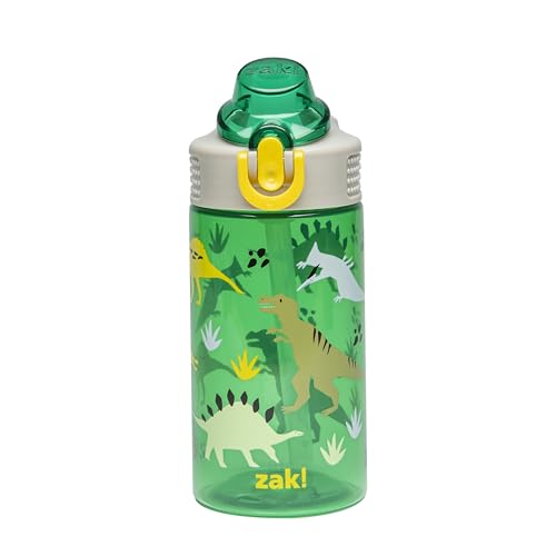 Zak Designs Sage Kids Water Bottle For School, Travel or At Home, 16oz Durable Plastic Water Bottle With Straw, Handle, and Leak-Proof, Pop-Up Spout Cover (Dino)