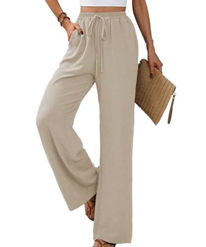 Yeenily Damen Hosen Weites Bein Sommer Leichte Palazzo Hose Herbst Freizeit Locker Stoffhose Elegant Einfarbig Lang Somm...