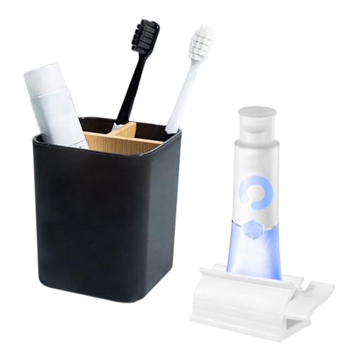 Porta Cepillos de Dientes Baño Negro Organizador Baño, Particiones de Bambú con 5 Compartimentos, Soporte Cepillo de Dientes Eléctrico para Baño Cocina Familia Oficina
