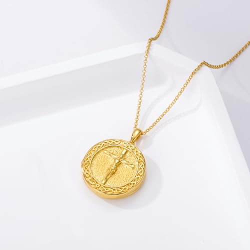 SOULMEET Personalized Large Round Crucifixion Cross Locket Necklace That Holds 2 Pictures Photo Silver/Gold Christianity Cross with Jesus Locket 1 Inch Photo Locket Gift for Woman Men2