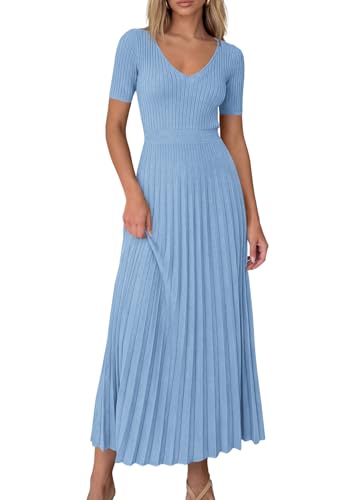 Image of PRETTYGARDEN Women's 2026 Spring Midi Sweater Dresses Elegant Pleated Ribbed Knit Short Sleeve V Neck A Line Summer Outfits