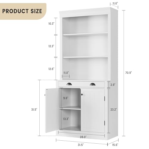 GarveeHome 71" Tall Bookshelf and Bookcase with Drawer, 5-Tier White Bookshelf with Doors, Adjustment Shelf, Wood Bookshelves Storage Cabinets for Home Office, Living Room, White, Set of 2