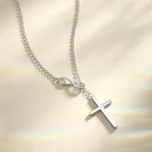 FANCIME White Gold Plated 925 Sterling Silver High Polished Infinity Cross Pendant Lariat Necklace Y Necklace Easter Gift for Women Girls, 18" - Image 6