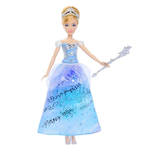 Mattel Disney Princesas Cenicienta con vestido de baile encantado Muñeca inspirada en la película con sonidos y varita mágica que se activa, JBF94