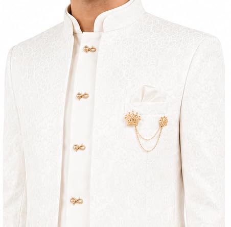 Image of Devansh Collection Men's White Achkan Sherwani Set | Dupion Silk Fabric | Mandarin Collar | Wedding, Reception & Ethnic Outfit